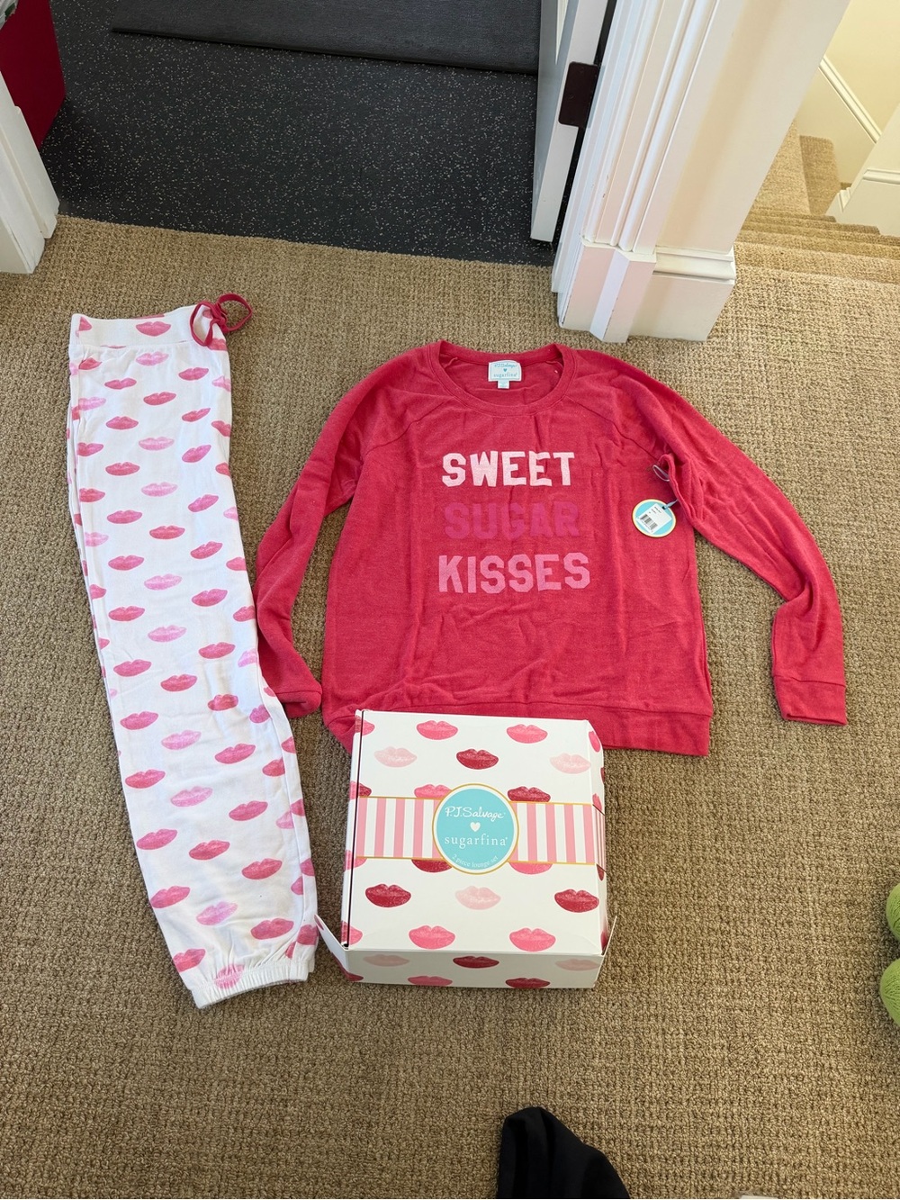PJ Salvage Red 'Sweet Sugar Kisses' Pajama Set with Pink Lip-Print Pants